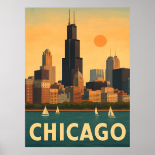 Póster Silueta vintage de Chicago, velero en el lago Mich