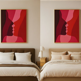 Póster Siluetas abstractas besándose en rojo y magenta