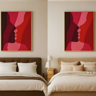 Póster Siluetas abstractas besándose en rojo y magenta
