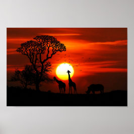 Póster Siluetas de animales de la puesta de sol de Safari