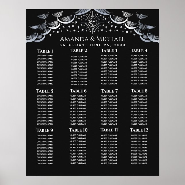 Póster Silve Sun & Moon Tarot Card Wedding Seating Chart (Frente)