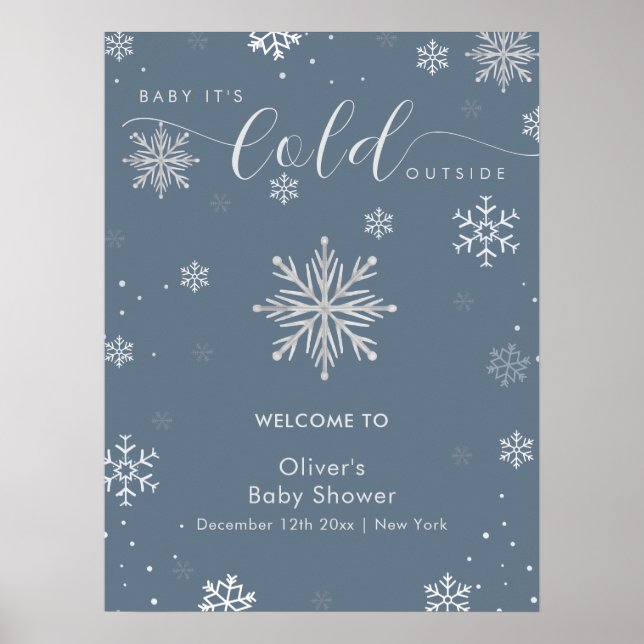 Póster Silver Blue Magical Snowflake Baby Shower Welcome  (Frente)