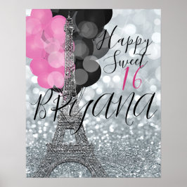 Póster Silver Glitter & Balloons Paris Eiffel Tower Party
