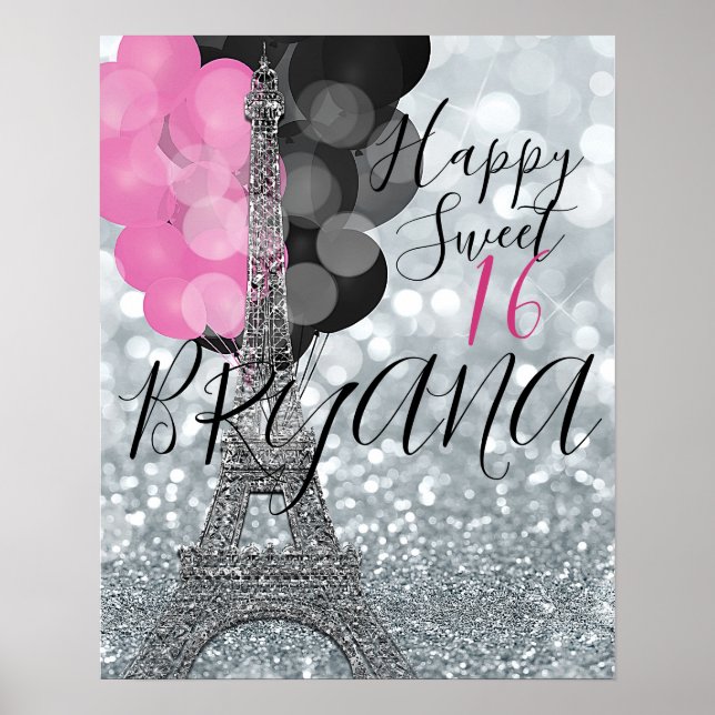 Póster Silver Glitter & Balloons Paris Eiffel Tower Party (Frente)