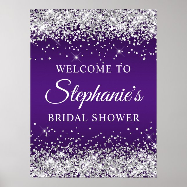 Póster Silver Glitter Royal Purple Bridal Shower Welcome (Frente)