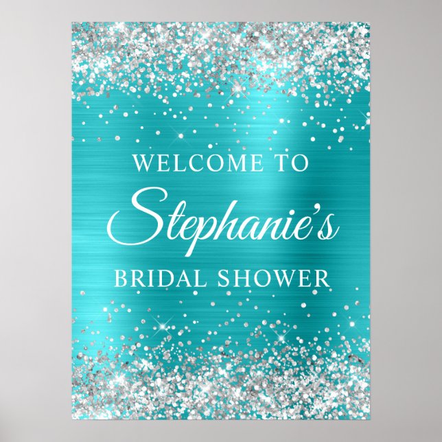 Póster Silver Glitter Turqouise Blue Foil Bridal Shower (Frente)