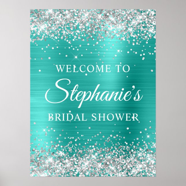 Póster Silver Glitter Turqouise Foil Bridal Shower (Frente)