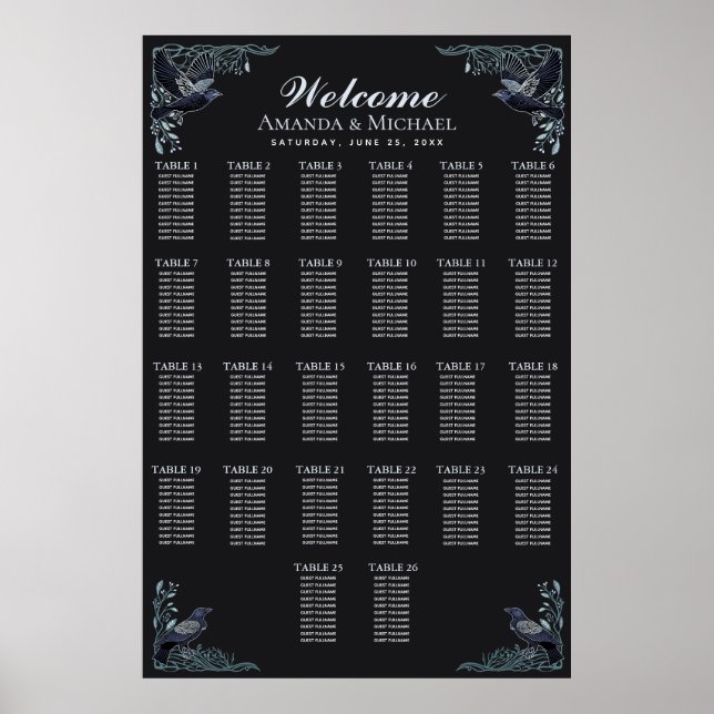 Póster Silver Gothic Raven Wedding Seating Chart (Frente)