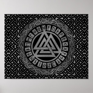 Póster Silver Metallic Valknut Symbol on Celtic Pattern