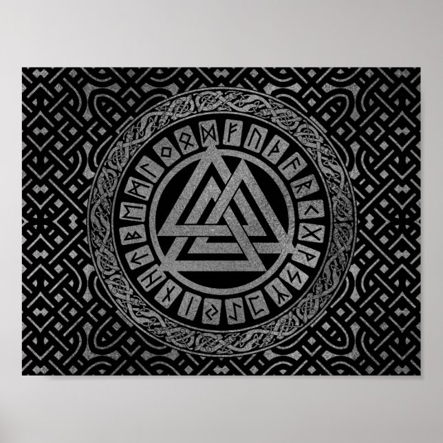 Póster Silver Metallic Valknut Symbol on Celtic Pattern (Frente)