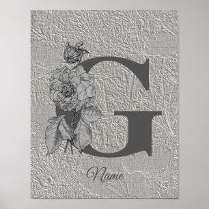Póster Silver Peony Elegant Monograma Inicial G Tu Nombre