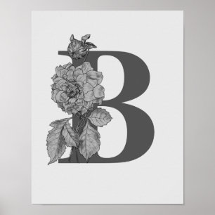 Póster Silver Peony Elegant Monograma Primer Poster B