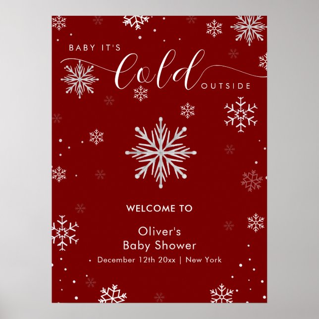Póster Silver Red Magical Snowflake Baby Shower Welcome  (Frente)