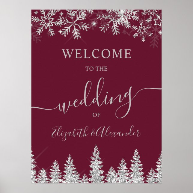 Póster Silver snow pine red Christmas winter wedding (Frente)