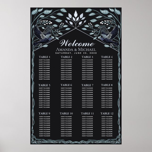Póster SilverEnchanted Gothic Raven Wedding Seating Chart (Frente)