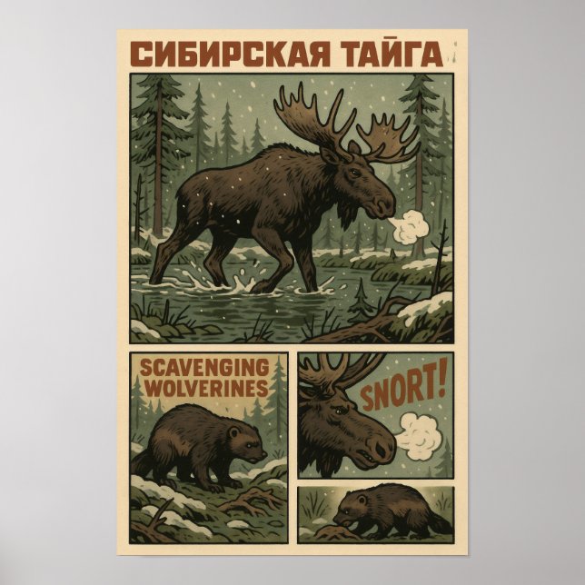 Póster Silvestre Siberiano Taiga - Moose & Wolverines (Frente)