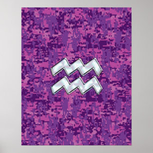 Póster Símbolo Aquarius Zodiac del camo digital de fuchsi