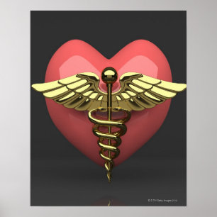Póster Símbolo cardíaco con símbolo médico (caduceus)