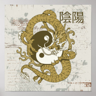 Póster Símbolo chino y dragón Yin yang