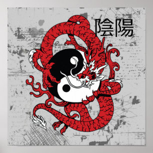 Póster Símbolo chino y dragón Yin yang