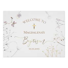 Póster símbolo de bautismo de bebé de flores silvestres
