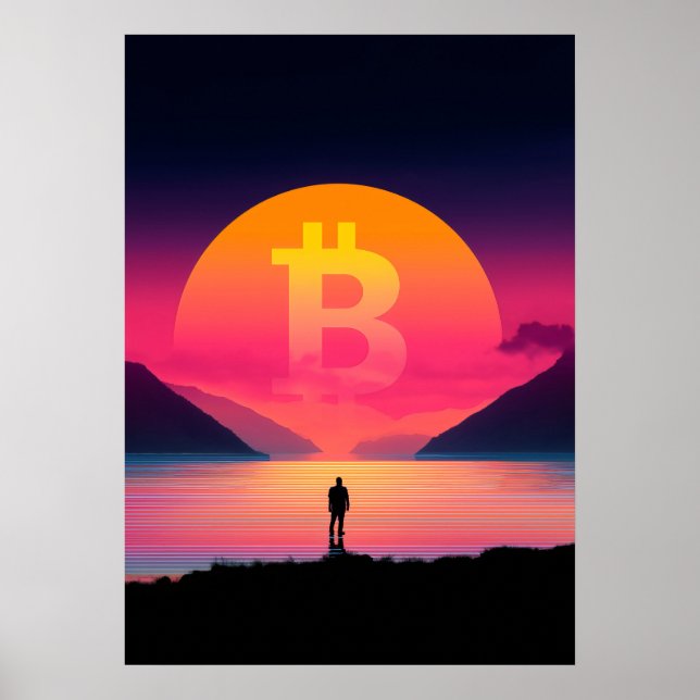 Póster Símbolo de bitcoin atardecer retro 80 (Frente)