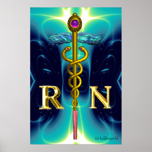 Póster SÍMBOLO DE ENFERMERA REGISTRADA CADUCEO DE ORO Azu