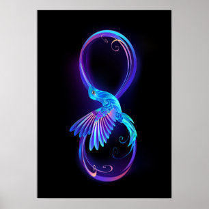 Póster Símbolo de infinito de neón con colibrí luminoso