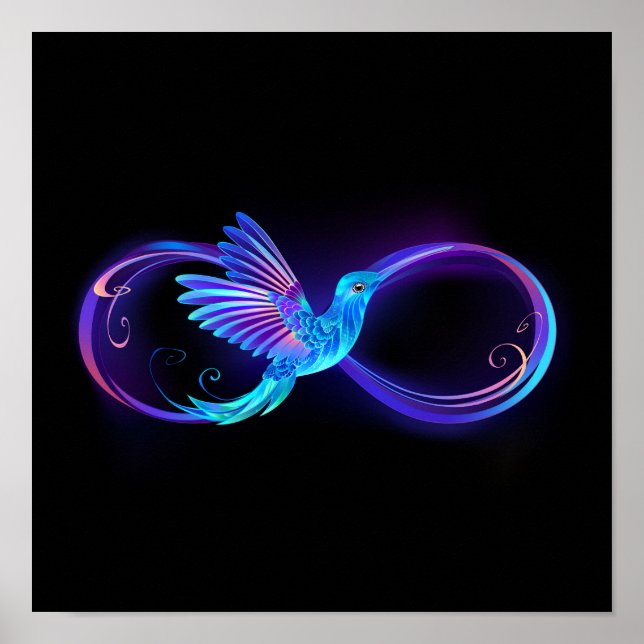 Póster Símbolo de infinito neón con colibrí brillante (Frente)