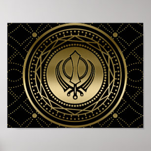 Póster Símbolo de Khanda decorativo dorado sobre negro