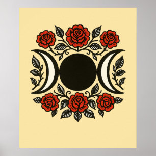 Póster Símbolo de la Diosa de la Luna Triple Rosas Rojas
