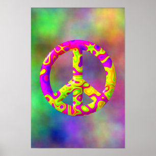 Póster Símbolo de la Paz psicodélico amarillo rosa 3D en 
