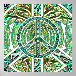 Póster Símbolo de paz, Yin Yang, árbol de la vida en verd
