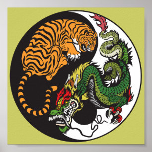 Póster símbolo de yang del yin del dragón y del tigre