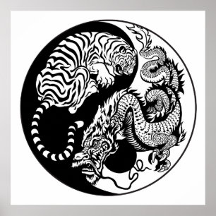 Póster símbolo de yang del yin del dragón y del tigre
