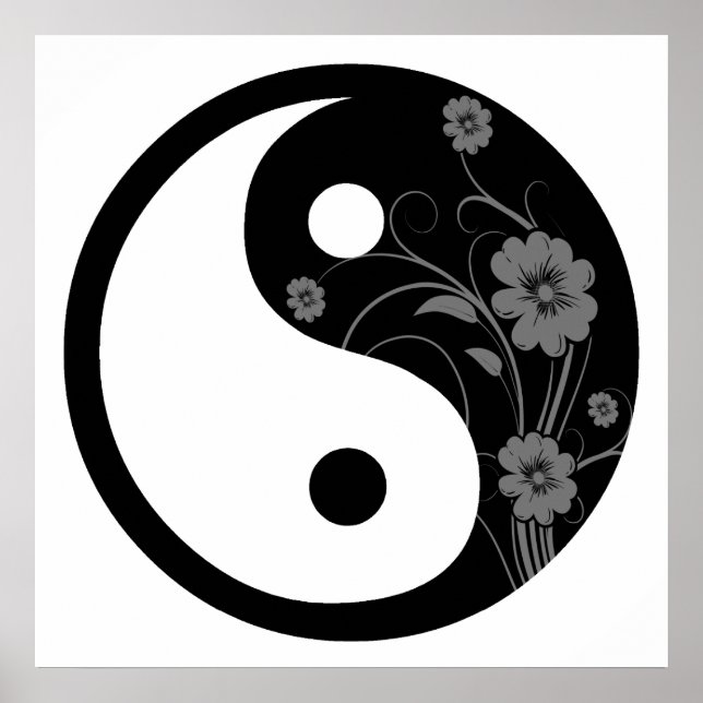 Póster Símbolo de Yin Yang floral negro (Frente)