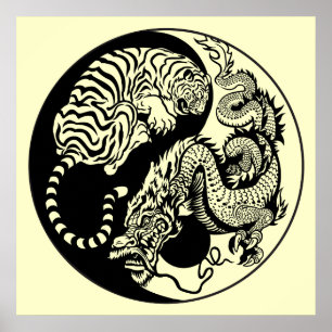 Póster símbolo dragón y tigre yin yang