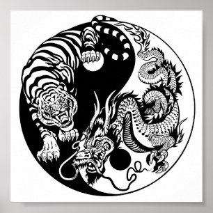 Póster símbolo dragón y tigre yin yang