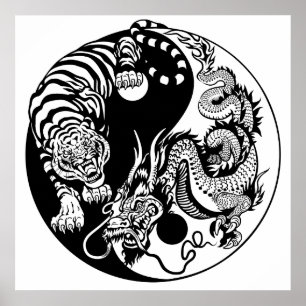 Póster símbolo dragón y tigre yin yang