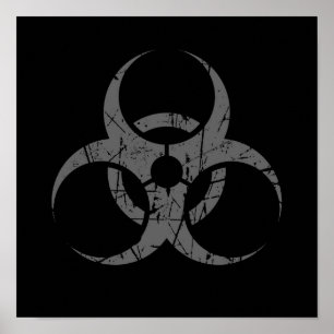 Póster Símbolo gris rasguñado del Biohazard en negro