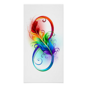Póster Símbolo infinito con plumas arcoiris
