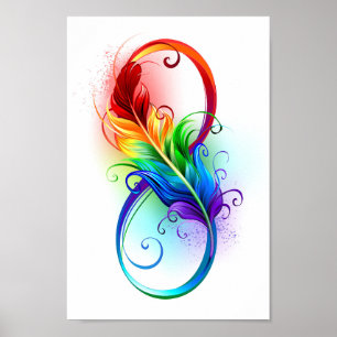Póster Símbolo infinito con plumas arcoiris