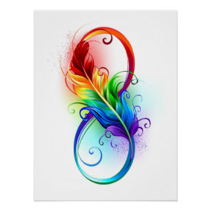 Póster Símbolo infinito con plumas arcoiris