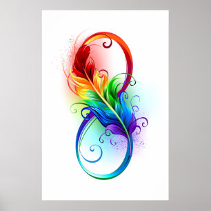 Póster Símbolo infinito con plumas arcoiris