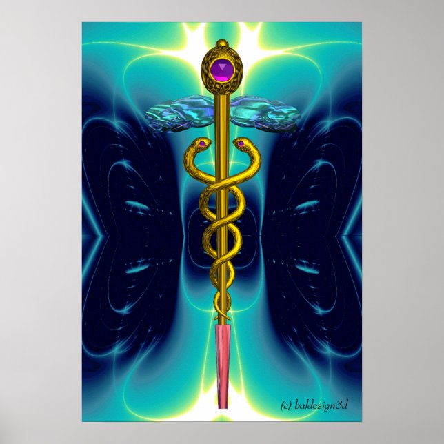 Póster Símbolo médico CADUCEO de oro con olas azules turq (Frente)
