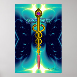 Póster Símbolo médico CADUCEO de oro con olas azules turq