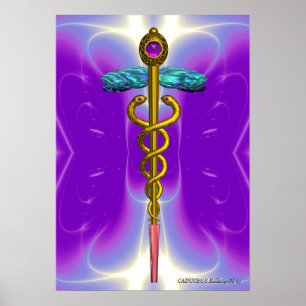 Póster Símbolo médico CADUCEO de oro Morado Ultra Violeta