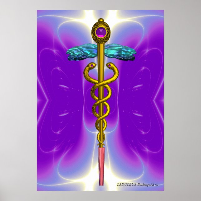 Póster Símbolo médico CADUCEO de oro Morado Ultra Violeta (Frente)