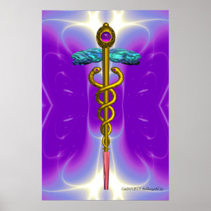 Póster Símbolo médico CADUCEO de oro Morado Ultra Violeta