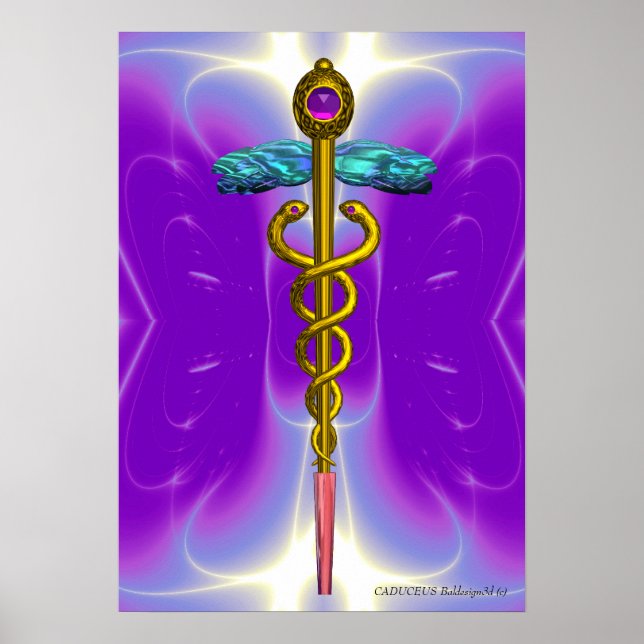 Póster Símbolo médico CADUCEO de oro Púrpura Ultra Violet (Frente)